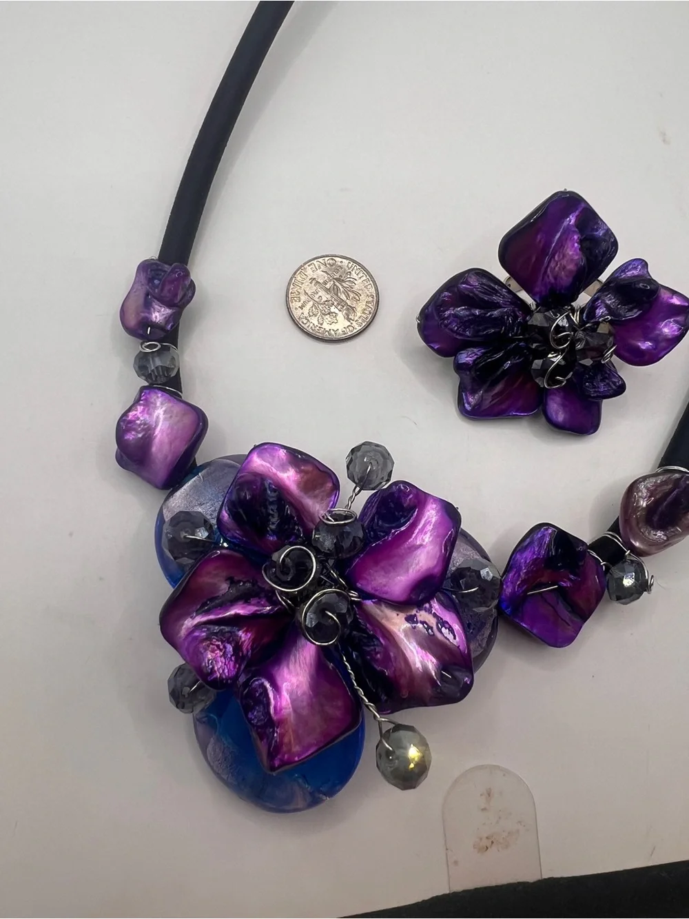 Purple and Blue Floral statement necklace and Ring